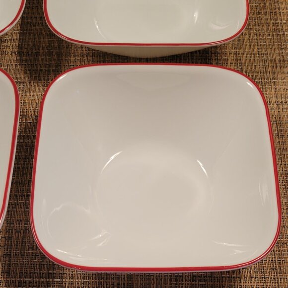 Corelle Set (4) CEREAL Salad BOWL Square White & RED Trim CORNING Vintage 6 1/4" - Picture 3 of 11